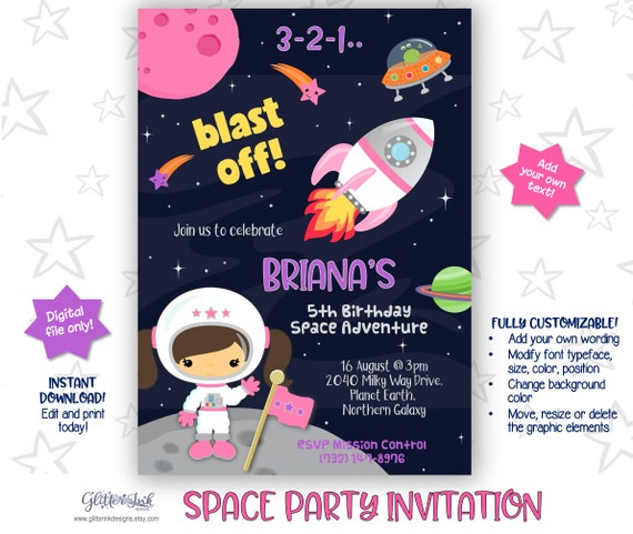 Outer space party printable invitation / Space girl astronaut invitation / Spaceship rocket invitation - edit & print with Corjl Il_570xn