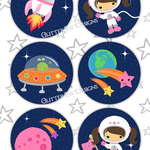Outer space party cupcake toppers / rocket favor tags / astronaut party treat bag tags / aliens spaceship, astronaut girl, planets image 2