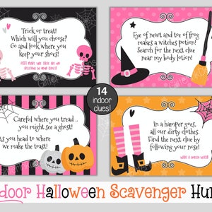 May include: Printable Halloween scavenger hunt game with 14 clues. The clues are written on pink, black, and orange cards with cute Halloween illustrations. The cards feature a skeleton, a witch, a pumpkin, and a pair of witch's boots.