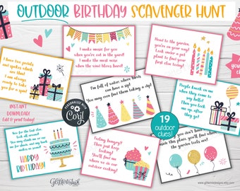 Outdoor Birthday scavenger hunt / Kids treasure hunt clues / Birthday party printable scavenger hunt clue cards for outside party games