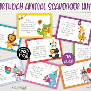 Cartões de dicas de caça ao tesouro de aniversário de animais / Dicas de caça ao tesouro de aniversário para crianças / Jogo de festa para impressão em ambientes internos e externos de safári na selva