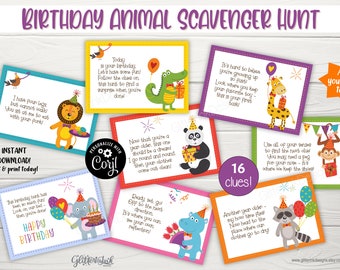 Aanwijzingskaarten verjaardag speurtocht dieren / Aanwijzingen verjaardagsspeurtocht voor kinderen / Junglesafari binnen en buiten afdrukbaar feestspel