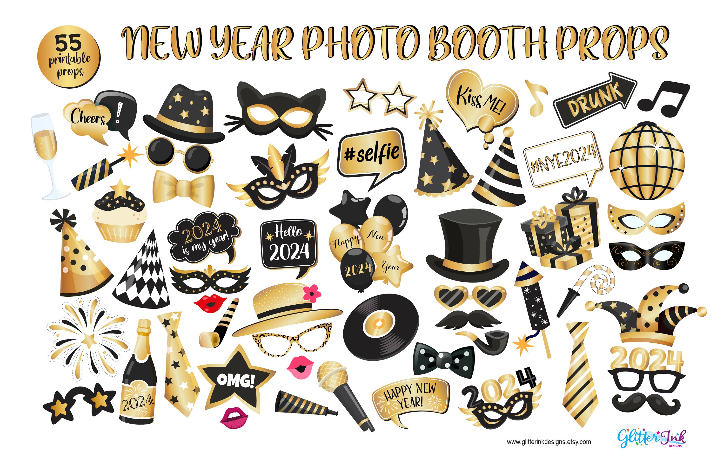 HOWAF 2024 Nouvel an Accessoires Photobooth Drôle DIY Kit Photo Booth Props  déguisement Masquerade Chapeau Lunettes pour Adultes Enfants Nouvel an