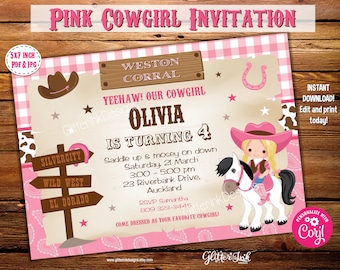 Pink cowgirl party printable invitation / Wild west cowboy party invitation / Western party cowgirl invitation pink gingham