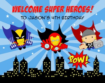 PRINTABLE Superhero party backdrop / Super hero wall art / Super boy birthday dessert table background / Flying superheroes party decoration