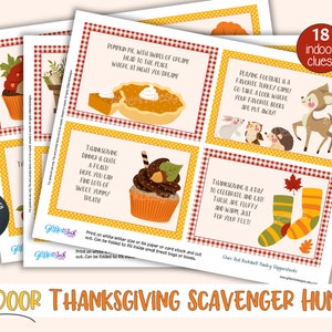Pu&ograve; includere: Un set di 18 carte di caccia al tesoro del Ringraziamento stampabili con illustrazioni colorate e rime. Le carte presentano una torta di zucca, un cupcake, un cervo e calzini. Il testo sulle carte dice "18 indizi per interni!" e "Download istantaneo! Modifica e stampa oggi!"
