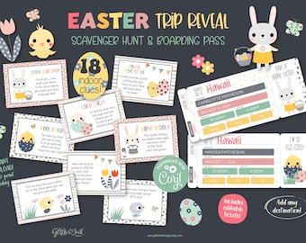 Easter scavenger hunt & boarding pass surprise trip reveal / Hoppy Easter egg hunt printable family vacation kids treasure hunt clues