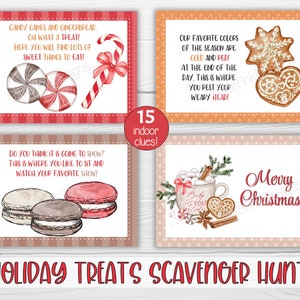 Pode incluir: Um conjunto de 15 pistas de ca&ccedil;a ao tesouro de Natal imprim&iacute;veis com ilustra&ccedil;&otilde;es de aquarela. As pistas apresentam bast&otilde;es de caramelo, p&atilde;o de gengibre, macarons, chocolate quente e uma &aacute;rvore de Natal. O texto nas pistas inclui frases como "Bast&otilde;es de caramelo e p&atilde;o de gengibre, que del&iacute;cia!" e "Nossas cores favoritas da temporada s&atilde;o ouro e vermelho!"
