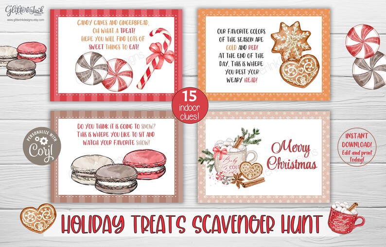 Pode incluir: Um conjunto de 15 pistas de ca&ccedil;a ao tesouro de Natal imprim&iacute;veis com ilustra&ccedil;&otilde;es de aquarela. As pistas apresentam bast&otilde;es de caramelo, p&atilde;o de gengibre, macarons, chocolate quente e uma &aacute;rvore de Natal. O texto nas pistas inclui frases como "Bast&otilde;es de caramelo e p&atilde;o de gengibre, que del&iacute;cia!" e "Nossas cores favoritas da temporada s&atilde;o ouro e vermelho!"