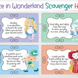 May include: Four colorful cards with illustrations of Alice in Wonderland characters. The cards feature text with quotes from the book, such as "Reading is an adventure, so head to the nook!" and "Don't dilly, don't dally! Come this way!"