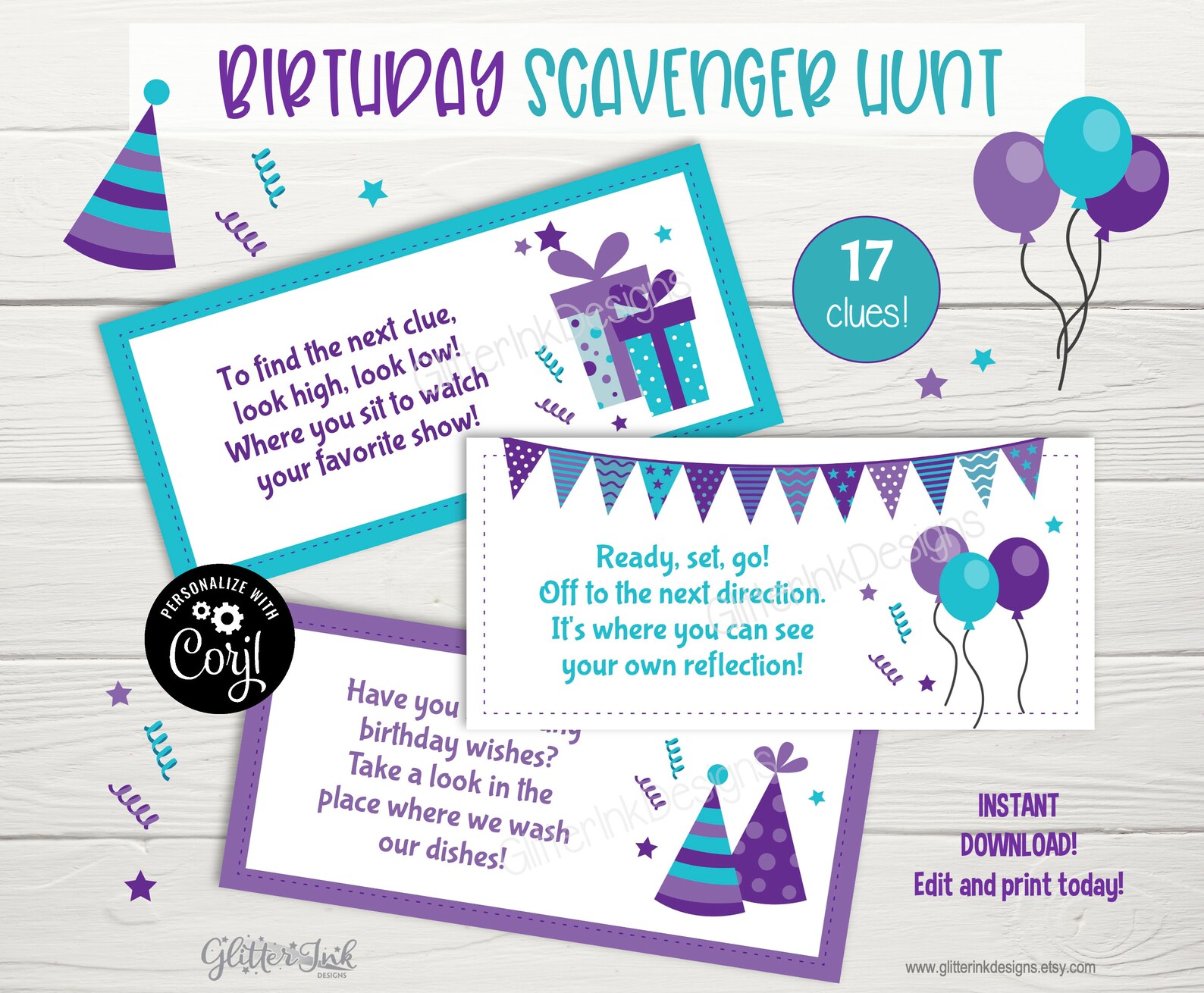 Birthday Scavenger Hunt Clue Cards / Birthday Party Treasure Hunt Clues ...