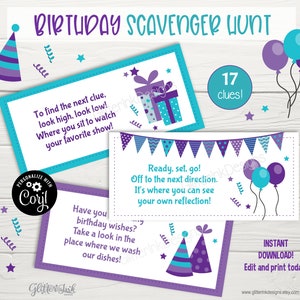 Puede incluir: Imprimible de b&uacute;squeda del tesoro de cumplea&ntilde;os en morado y turquesa con 17 pistas. El imprimible incluye una pancarta con banderas, globos y un gorro de fiesta. El texto dice "Birthday Scavenger Hunt", "17 clues", "Ready, set, go! Off to the next direction. It's where you can see your own reflection!" y "Have you birthday wishes? Take a look in the place where we wash our dishes!"