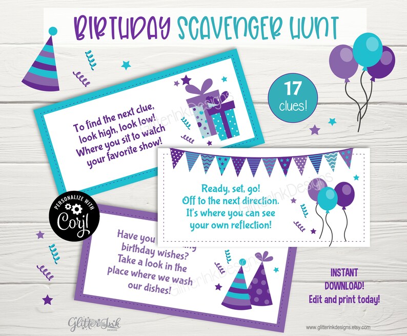 Puede incluir: Imprimible de b&uacute;squeda del tesoro de cumplea&ntilde;os en morado y turquesa con 17 pistas. El imprimible incluye una pancarta con banderas, globos y un gorro de fiesta. El texto dice "Birthday Scavenger Hunt", "17 clues", "Ready, set, go! Off to the next direction. It's where you can see your own reflection!" y "Have you birthday wishes? Take a look in the place where we wash our dishes!"