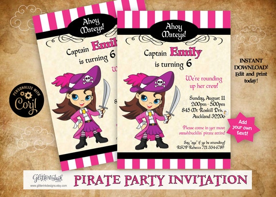 Pirate party invitation / Pirate invitation / Pirate birthday printable invitation / pirate girl party invitation text editable with Corjl Il_570xn