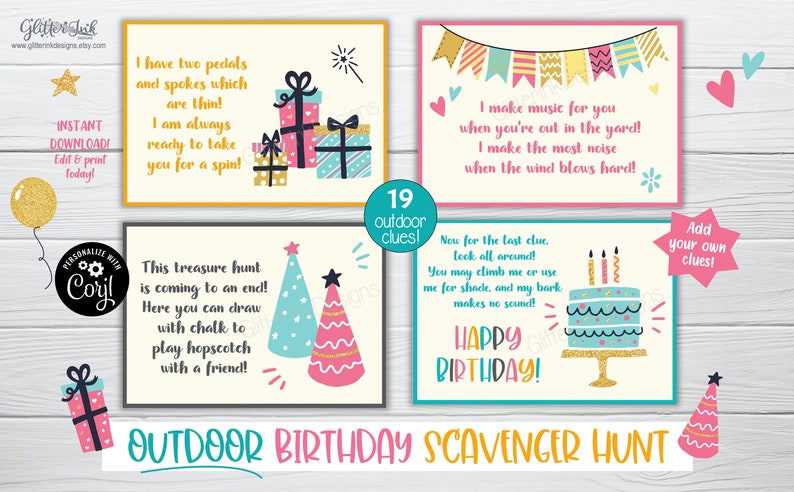 Outdoor Birthday scavenger hunt / Kids treasure hunt clues / Birthday party printable scavenger hunt clue cards for outside party games image 5