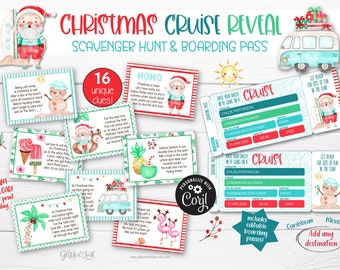 Christmas surprise cruise trip reveal scavenger hunt boarding pass / Family vacation kids treasure hunt clues Beach Santa printable tickets