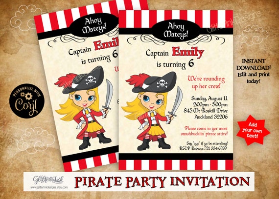 Pirate party invitation / Pirate invitation / Pirate birthday printable invitation / Blonde pirate girl invitation text editable with Corjl Il_570xn