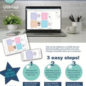 May include: A digital illustration of a fairy with a wand and a moon in the background. The image is on a computer screen with a text overlay that says "Edit, Download and Print Today with Corjl on-line tool - no app download required!" and "3 easy steps!" with instructions on how to purchase, edit, and print the design.