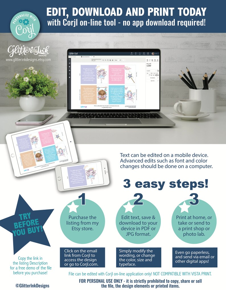 May include: A digital illustration of a fairy with a wand and a moon in the background. The image is on a computer screen with a text overlay that says "Edit, Download and Print Today with Corjl on-line tool - no app download required!" and "3 easy steps!" with instructions on how to purchase, edit, and print the design.