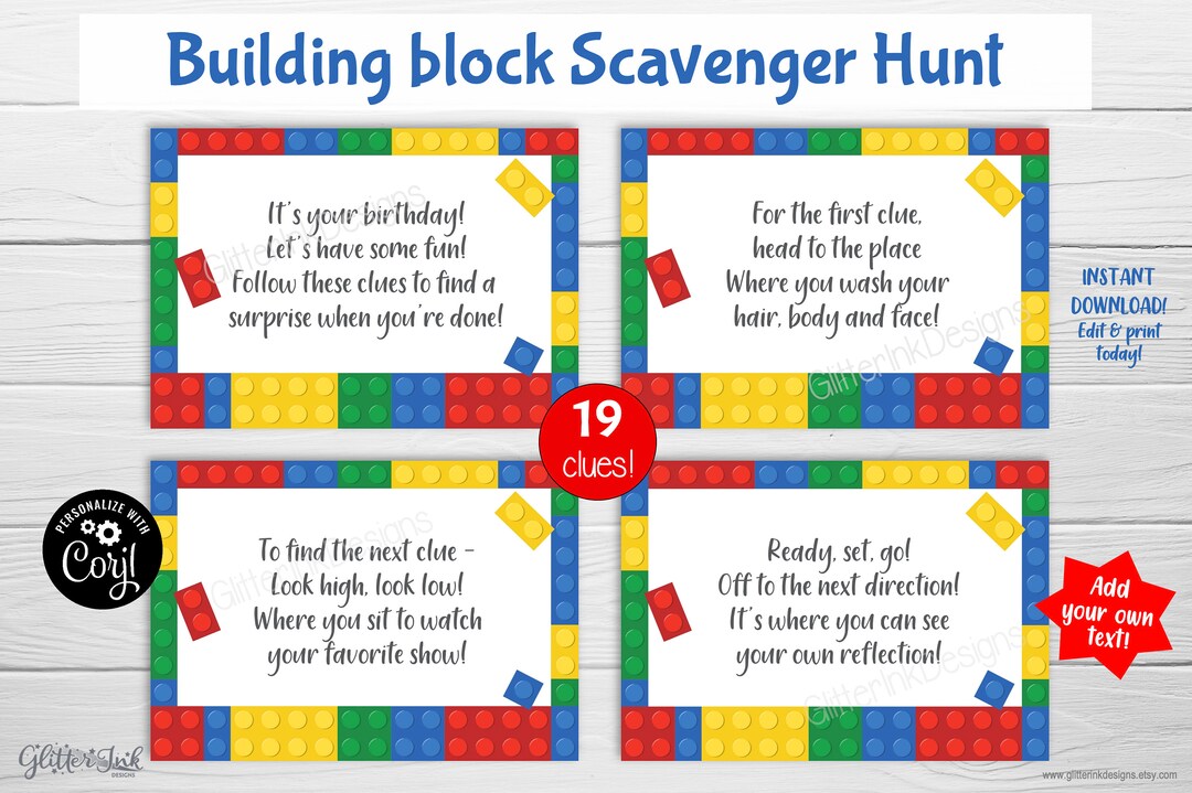 Building Blocks Treasure Hunt Clues for Kids / Building Block Party