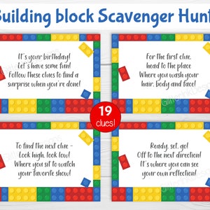 Pistas de búsqueda del tesoro con bloques de construcción para cumpleaños de niños, tarjetas de pistas de búsqueda del tesoro con bloques de colores imprimibles, juego de fiesta