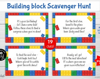 Building blocks treasure hunt clues for kids / Building block party scavenger hunt clue cards / Printable birthday party game