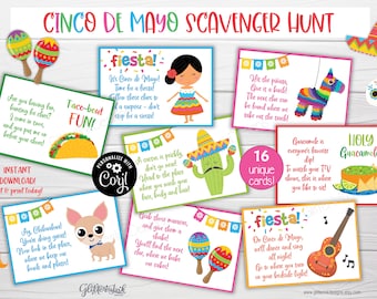 Cinco de Mayo scavenger hunt / Mexican fiesta birthday party games / Taco Tuesday printable kids treasure hunt clues / Fiesta scavenger hunt