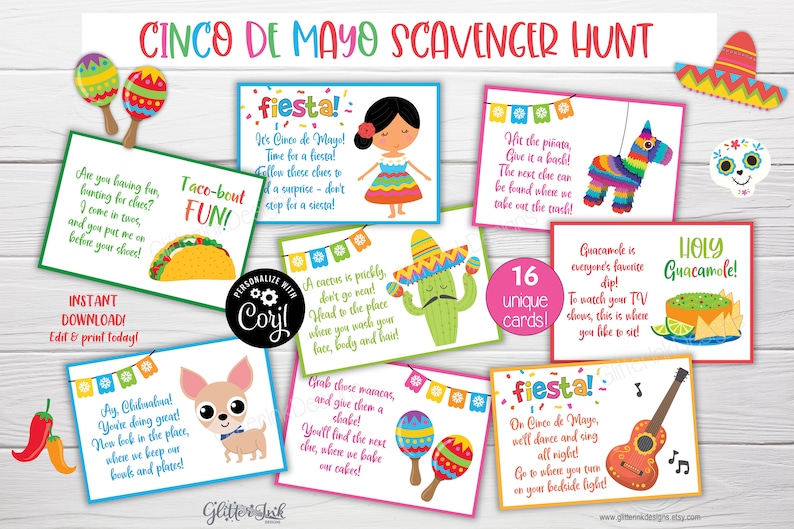 Ledtrådskort till skattjakt för Cinco de Mayo, lekar för mexikansk fiesta till födelsedagskalas för barn, ledtrådar att skriva ut för skattjakt till Taco Tuesday bild 1