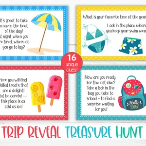 May include: A set of four colorful cards with summer-themed illustrations and text. The cards feature a beach umbrella, swimsuits, popsicles, and a backpack, designed for a trip reveal treasure hunt.