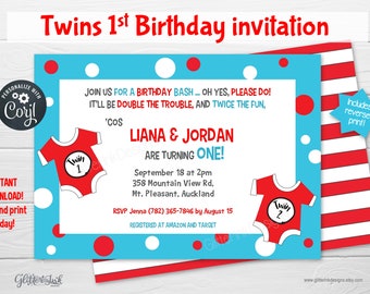 Twins 1st birthday invitation / Twins first birthday / Twins birthday party / Double the trouble twice the fun printable invitation