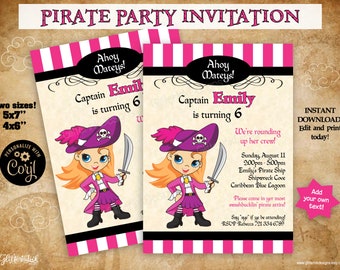 Girl Pirate party printable invitation / Pink Pirate birthday invitation / Pirate invitation strawberry blonde blue eyes instant download