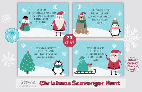 Christmas scavenger hunt clue cards / Christmas treasure hunt clues / Christmas games / indoors scavenger hunt for kids Il_570xn
