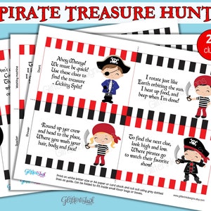 Peut inclure: Jeu de chasse au tr&eacute;sor pirate imprimable avec 22 indices. Chaque indice pr&eacute;sente un pirate de dessin anim&eacute; et une &eacute;nigme. Le jeu est con&ccedil;u pour &ecirc;tre imprim&eacute; sur du papier blanc de format lettre ou du carton et d&eacute;coup&eacute; en utilisant les lignes pointill&eacute;es grises comme guide.