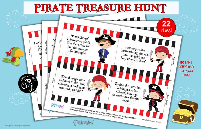 Peut inclure: Jeu de chasse au tr&eacute;sor pirate imprimable avec 22 indices. Chaque indice pr&eacute;sente un pirate de dessin anim&eacute; et une &eacute;nigme. Le jeu est con&ccedil;u pour &ecirc;tre imprim&eacute; sur du papier blanc de format lettre ou du carton et d&eacute;coup&eacute; en utilisant les lignes pointill&eacute;es grises comme guide.