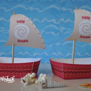 Moana sail boat printable treat boxes, Hawaiian luau outrigger canoe party favors, Polynesian birthday favor box papercraft decorations
