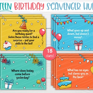 Enigmas de caça ao tesouro de aniversário para adolescentes / Dicas de caça ao tesouro para adolescentes e crianças mais velhas / Jogos de festa para impressão em ambientes internos e externos, dicas difíceis