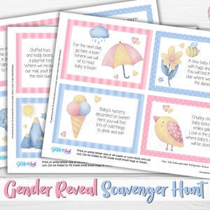 Gender reveal speurtocht-aanwijzingskaarten voor babyshower-partygames, aquarel applique teddybeer afdrukbare schattenjacht-aanwijzingen afbeelding 7