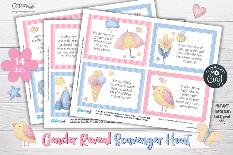 Gender reveal speurtocht-aanwijzingskaarten voor babyshower-partygames, aquarel applique teddybeer afdrukbare schattenjacht-aanwijzingen afbeelding 7