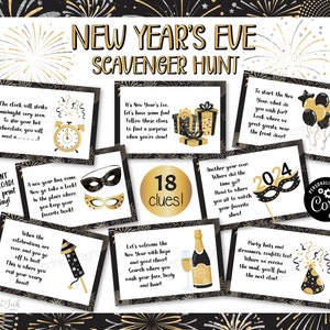 2024 New Years Eve scavenger hunt for kids / New Year's Eve party games / New Year treasure hunt clues printable / nye games for kids adults image 1