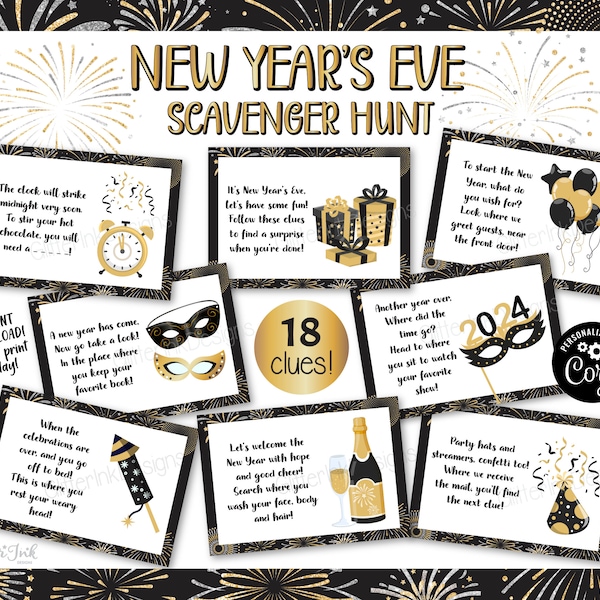 2024 New Years Eve scavenger hunt for kids / New Year's Eve party games / New Year treasure hunt clues printable / nye games for kids adults