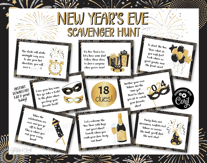 2024 New Years Eve scavenger hunt for kids / New Year's Eve party games / New Year treasure hunt clues printable / nye games for kids adults image 1