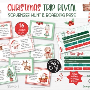 Christmas surprise trip reveal scavenger hunt boarding pass / Surprise vacation for kids treasure hunt clues / Secret Santa holiday