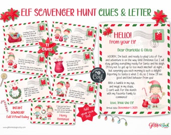 May include: A printable Elf Scavenger Hunt with 17 clues and a letter from the Elf. The letter is addressed to Charlotte & Olivia and includes the date December 1, 2023. The clues are on colorful postcards with illustrations of elves and Christmas decorations.