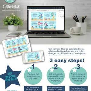 May include: A digital illustration of a mermaid with a pink tail and a blue top. The image is on a computer screen with a text box that says "Edit, Download and Print Today with Corjl on-line tool - no app download required!" The image is surrounded by a blue and green starburst with the text "Try Before You Buy!" and "3 easy steps!"