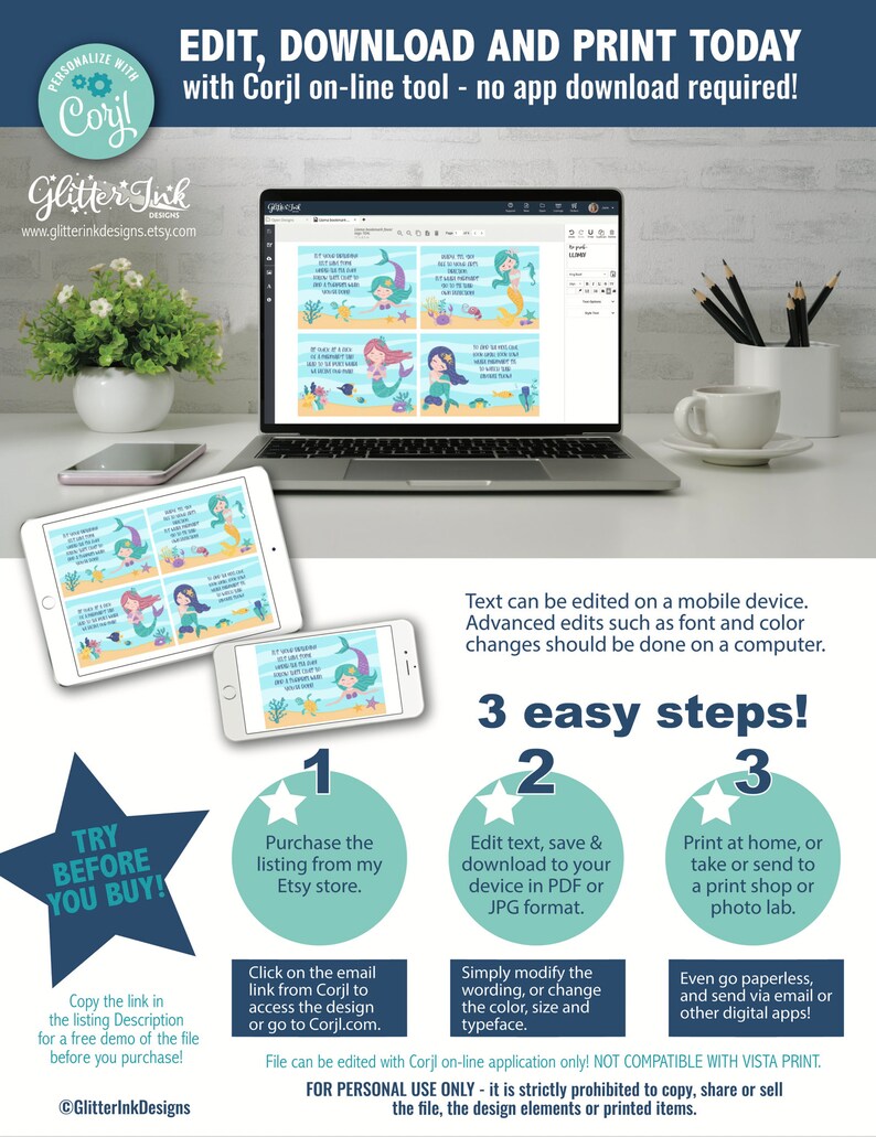 May include: A digital illustration of a mermaid with a pink tail and a blue top. The image is on a computer screen with a text box that says "Edit, Download and Print Today with Corjl on-line tool - no app download required!" The image is surrounded by a blue and green starburst with the text "Try Before You Buy!" and "3 easy steps!"