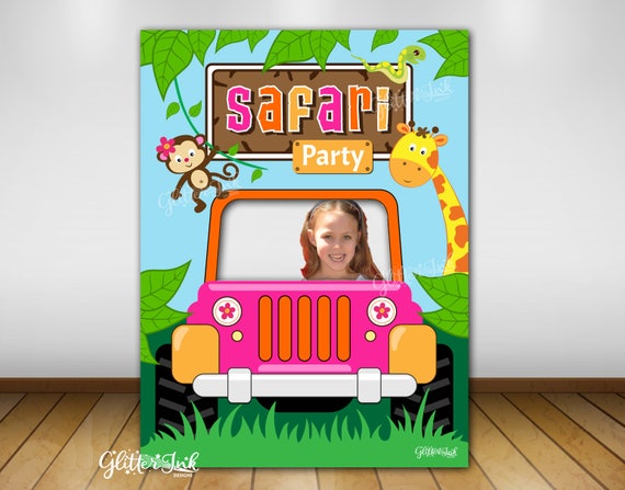 Jungle safari party printable photo booth prop background dessert table backdrop poster wall art with pink jeep, monkey, giraffe, snake Il_570xn