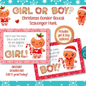 Gingerbread gender reveal scavenger hunt clue cards, Christmas baby shower He or She printable treasure hunt clues image 3