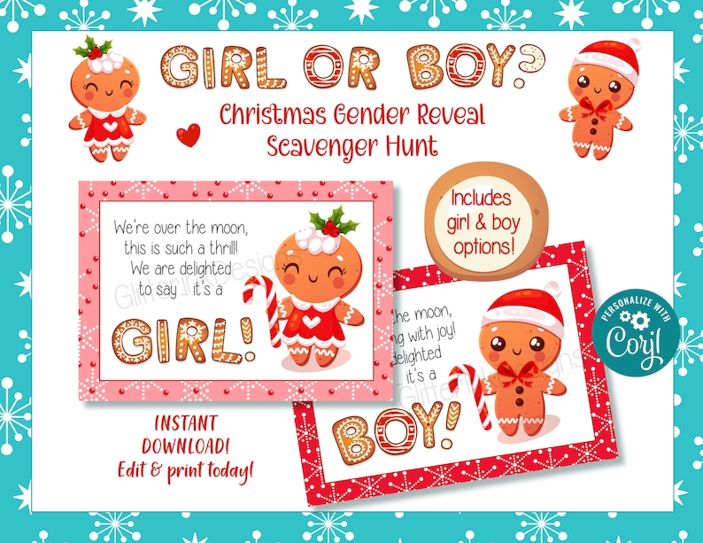 Gingerbread gender reveal scavenger hunt clue cards, Christmas baby shower He or She printable treasure hunt clues image 3