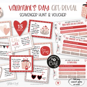 May include: A printable Valentine's Day scavenger hunt and voucher set with 15 clues. The set features a red and white color scheme with hearts and a cute cupcake design. The vouchers are for a concert, a game, and a spa day.