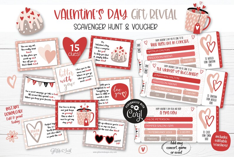 May include: A printable Valentine's Day scavenger hunt and voucher set with 15 clues. The set features a red and white color scheme with hearts and a cute cupcake design. The vouchers are for a concert, a game, and a spa day.